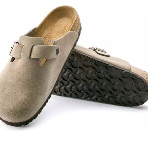 Birkenstock Suede Mules in Taupe and Black